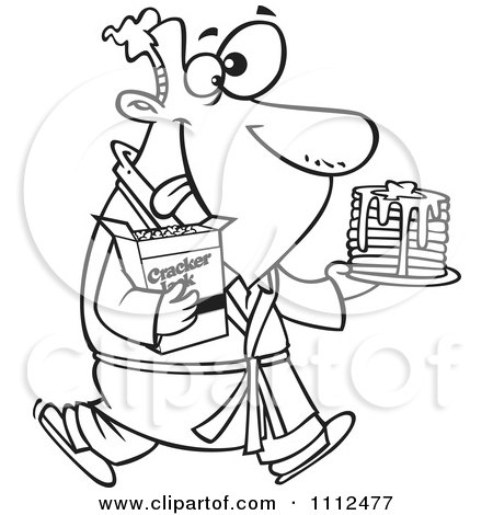Clipart Outlined Man Eating Pancakes And Cracker Jacks For A Midnight Snack - Royalty Free Vector Illustration by toonaday