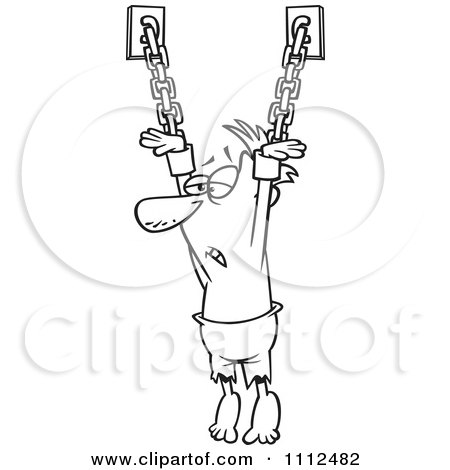 Clipart Outlined Male Prisoner Suspended From Chains - Royalty Free Vector Illustration by toonaday