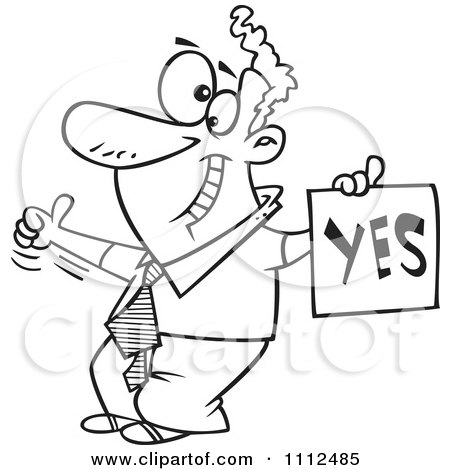 Clipart Outlined Displeased Man With A Thumb Up Holding A YES Sign - Royalty Free Vector Illustration by toonaday