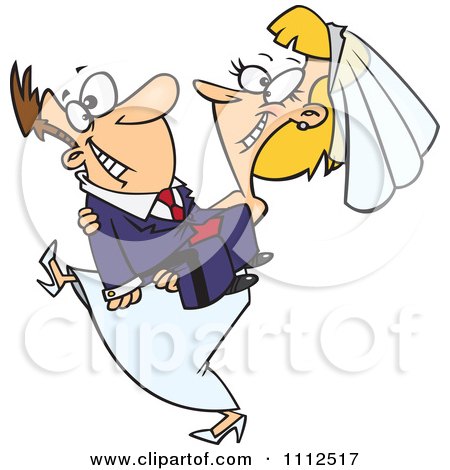 Clipart Happy Bride Carrying Her Groom - Royalty Free Vector Illustration by toonaday