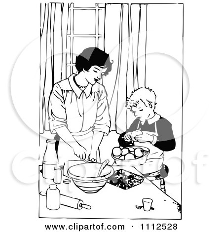 Clipart Retro Black And White Mother Cooking With Her Son - Royalty Free Vector Illustration by Prawny Vintage