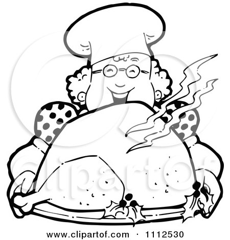 Clipart Happy Retro Black And White Chef Woman Holding A Roasted Turkey - Royalty Free Vector Illustration by Prawny Vintage