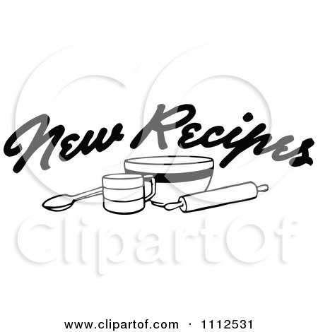 Clipart Black And White New Recipes Text Over Baking Items - Royalty Free Vector Illustration by Prawny Vintage