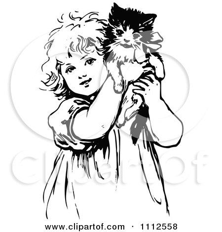 Clipart Cute Black And White Retro Girl Holding Up A Kitten - Royalty Free Vector Illustration by Prawny Vintage