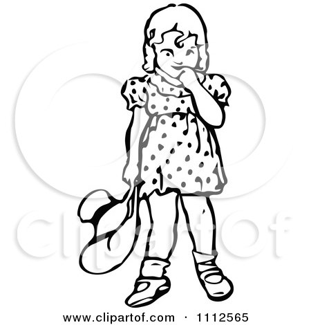 Clipart Retro Black And White Bashful Girl Holding A Hat And Looking Down - Royalty Free Vector Illustration by Prawny Vintage