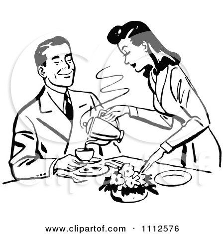 Clipart Retro Black And White Woman Pouring Her Husband Coffee - Royalty Free Vector Illustration by Prawny Vintage