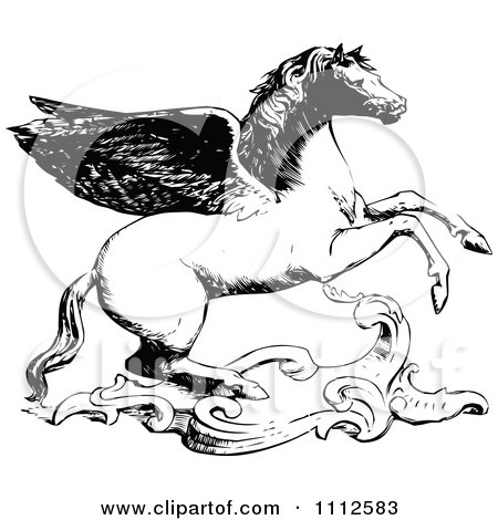 Clipart Vintage Black And White Winged Horse - Royalty Free Vector Illustration by Prawny Vintage