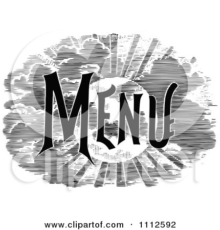 Clipart Vintage Black And White Menu Text With A Sun And Clouds - Royalty Free Vector Illustration by Prawny Vintage
