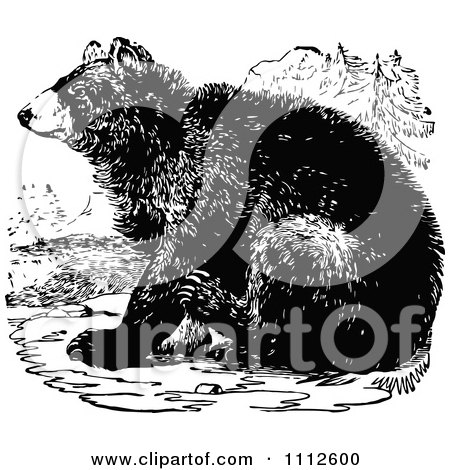Clipart Vintage Black And White Bear Sitting - Royalty Free Vector Illustration by Prawny Vintage
