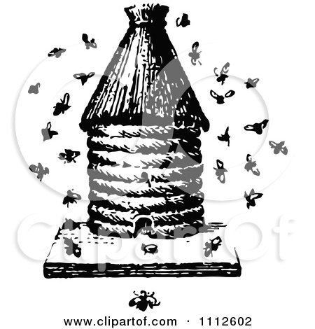 Clipart Retro Black And White Apiology Bee Hive With A Swarm - Royalty Free Vector Illustration by Prawny Vintage