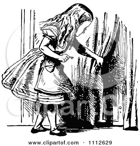 Clipart Alice Holding A Key And Looking At A Tiny Door To Wonderland - Royalty Free Vector Illustration by Prawny Vintage