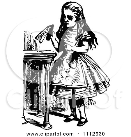 Clipart Alice Holding A Drink Me Bottle Before Entering Wonderland - Royalty Free Vector Illustration by Prawny Vintage