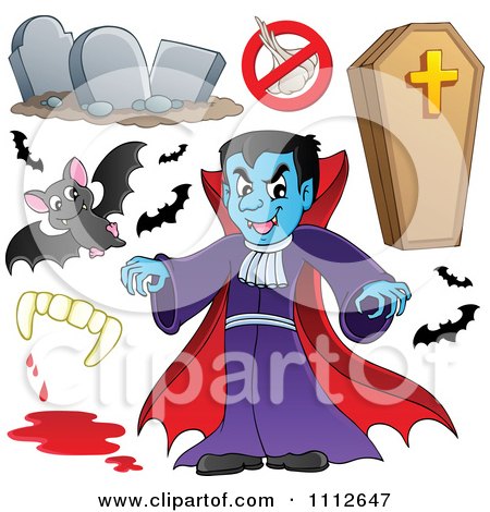 Clipart Halloween Bats Tombstones Coffin Vampire And Fangs - Royalty Free Vector Illustration by visekart