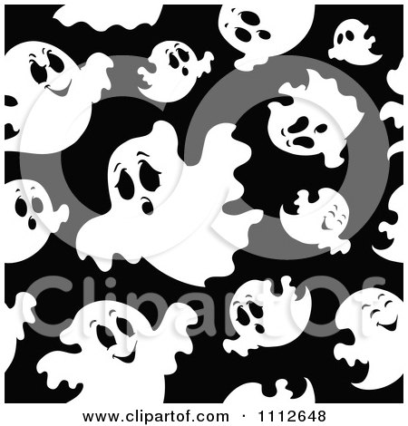 Clipart Seamless Background Pattern Of Halloween Ghosts On Black - Royalty Free Vector Illustration by visekart