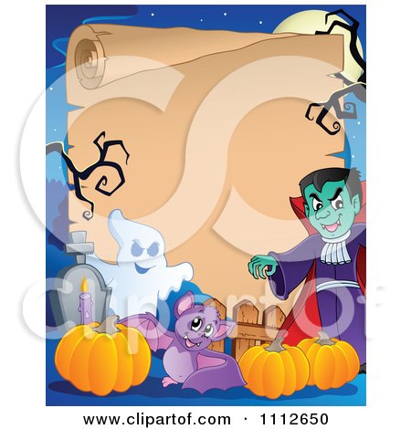 Clipart Halloween Parchment Sign Framed With A Ghost Pumpkins Bat And Vampire - Royalty Free Vector Illustration by visekart