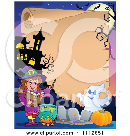 Clipart Halloween Parchment Sign Framed With A Witch Ghost And Pumpkin In A Cemetery By A Haunted House - Royalty Free Vector Illustration by visekart