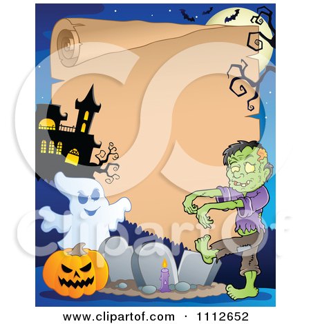 Clipart Halloween Parchment Sign Framed With A Ghost Pumpkin And Zombie In A Cemetery By A Haunted House - Royalty Free Vector Illustration by visekart