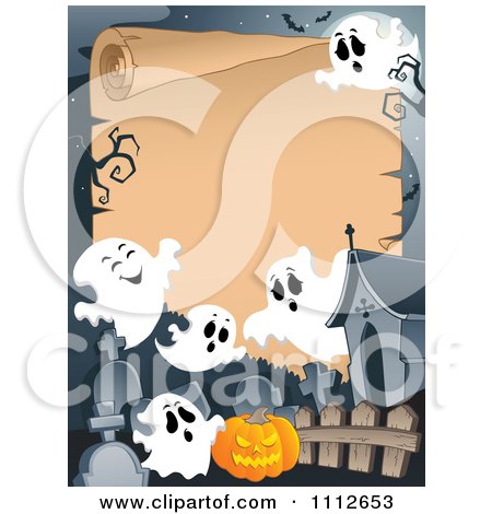 Clipart Halloween Parchment Sign Framed With Ghosts In A Cemetery - Royalty Free Vector Illustration by visekart