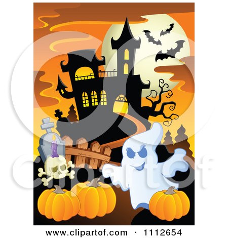 Clipart Ghost With Pumpkins In A Cemetery Near A Haunted House - Royalty Free Vector Illustration by visekart
