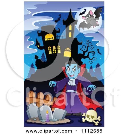 Clipart Vampire In A Cemetery Near A Haunted House - Royalty Free Vector Illustration by visekart