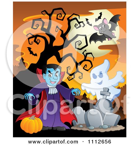 Clipart Full Moon Over A Vampire And Ghost In A Cemetery - Royalty Free Vector Illustration by visekart