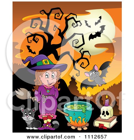 Clipart Full Moon Over Bats And A Witch With A Cauldron - Royalty Free Vector Illustration by visekart