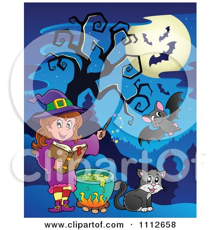 Clipart Full Moon And Bats Over A Witch Making A Spell - Royalty Free Vector Illustration by visekart