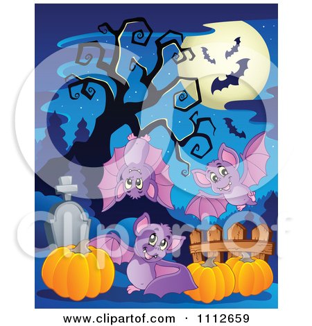Clipart Full Moon Over Cute Bats With Pumpkins In A Cemetery - Royalty Free Vector Illustration by visekart