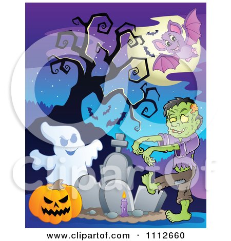 Clipart Full Moon And Bats Over A Zombie Ghost And Pumpkin In A Cemetery - Royalty Free Vector Illustration by visekart