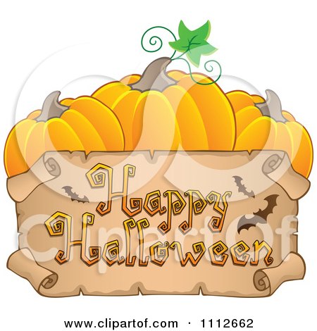 Clipart Parchment Happy Halloween Banner Under Three Pumpkins - Royalty Free Vector Illustration by visekart