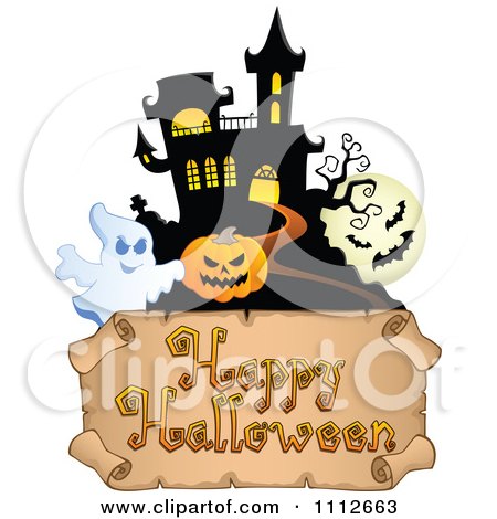 Clipart Haunted House With Bats A Pumpkin And Ghost Over A Happy Halloween Banner - Royalty Free Vector Illustration by visekart