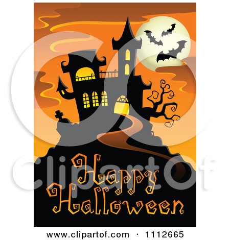 Clipart Haunted House With Bats And A Full Moon Over Happy Halloween Text - Royalty Free Vector Illustration by visekart