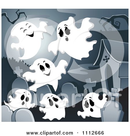 Clipart Cemetery With Tombstones And Ghosts Under A Full Moon - Royalty Free Vector Illustration by visekart