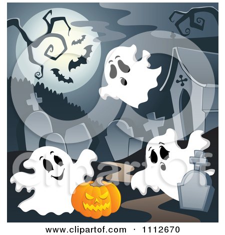 Clipart Cemetery With A Jackolantern Tombstones And Ghosts Under A Full Moon With Bats - Royalty Free Vector Illustration by visekart