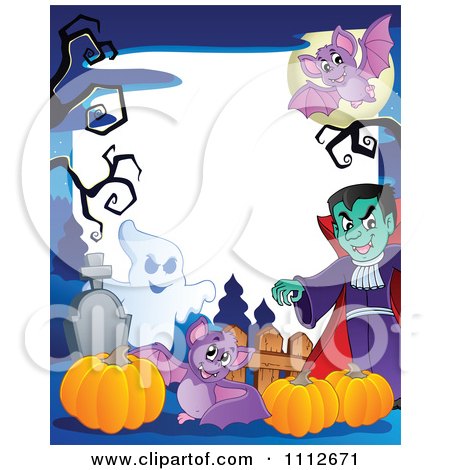 Clipart Halloween Fram With A Ghost Pumpkins Bats And Vampire In A Cemetery - Royalty Free Vector Illustration by visekart
