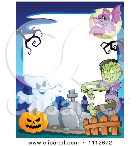 Clipart Halloween Fram With A Ghost Pumpkin And Zombie In A Cemetery - Royalty Free Vector Illustration by visekart