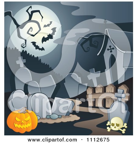Clipart Cemetery With A Jackolantern Tombstones Under A Full Moon With Bats - Royalty Free Vector Illustration by visekart