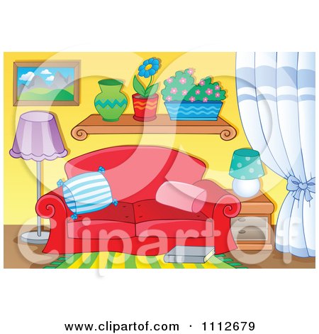 Clipart Red Couch In A Living Room With Plants On A Shelf - Royalty Free Vector Illustration by visekart