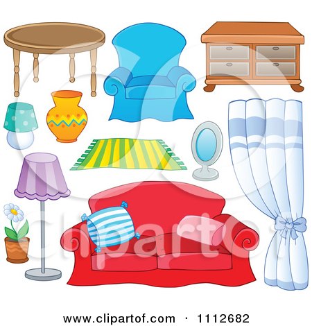 Clipart Table Lamps Rug Chair Drapes Mirror Couch And Potted Plant - Royalty Free Vector Illustration by visekart