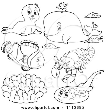 Clipart Outlined Seal Whale Clownfish Lobster And Halibut - Royalty Free Vector Illustration by visekart