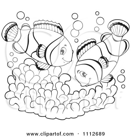 Clipart Outlined Clownfish Pair Over Soft Corals - Royalty Free Vector Illustration by visekart
