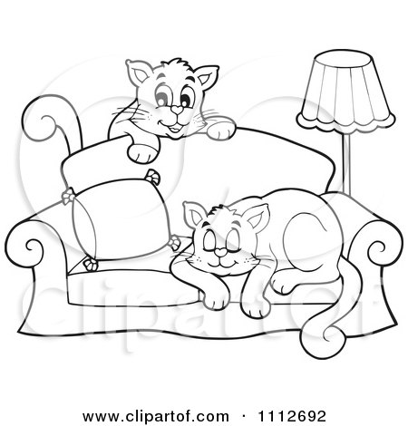 Clipart Outlined Cats Playing And Sleeping On A Sofa - Royalty Free Vector Illustration by visekart