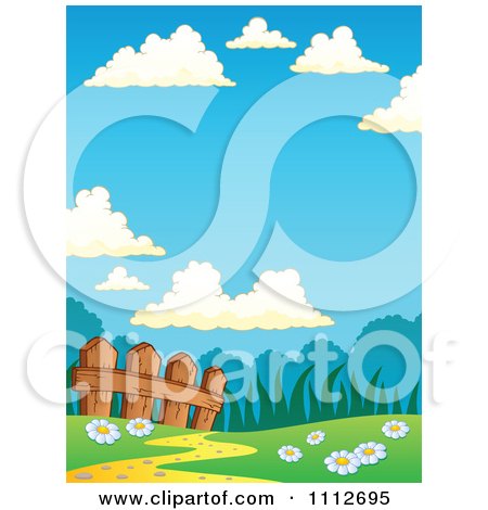 Clipart Wooden Fence Along A Path In A Spring Meadow - Royalty Free Vector Illustration by visekart