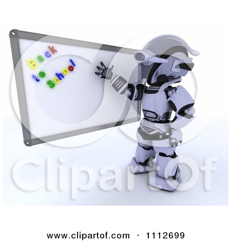 Clipart 3d Robot Teacher Presenting A White Board With Back To School Magnets - Royalty Free CGI Illustration by KJ Pargeter