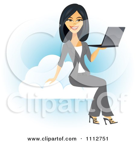 Clipart Beautiful Asian Businesswoman Holding A Laptop On A Cloud - Royalty Free Vector Illustration by Amanda Kate