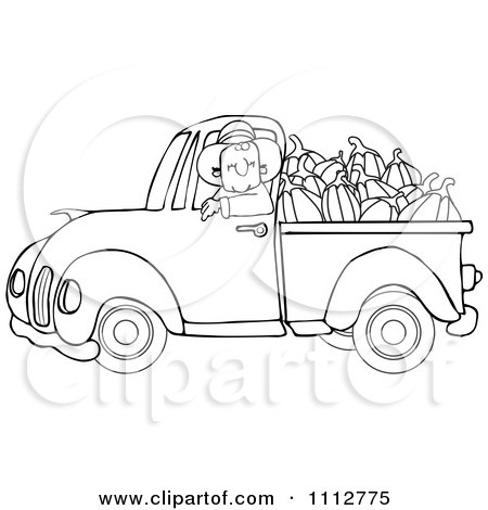Clipart Outlined Cowboy Pumpkin Farmer Driving A Load In His Pickup Truck - Royalty Free Vector Illustration by djart