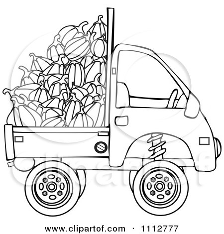 Clipart Outlined Kei Truck With Harvested Pumpkins - Royalty Free Vector Illustration by djart