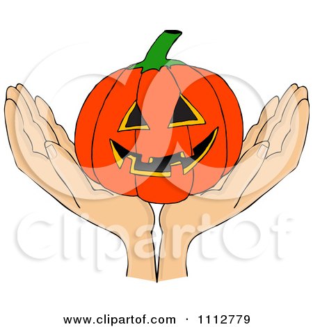 Clipart Hands Holding A Carved Halloween Jackolantern Pumpkin - Royalty Free Vector Illustration by djart