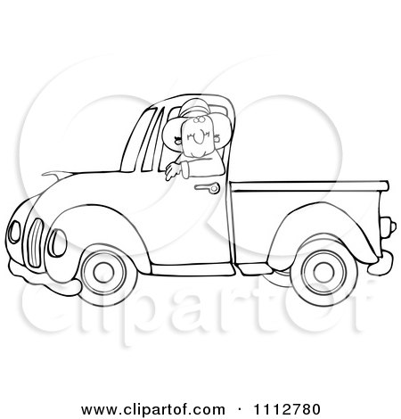 Clipart Outlined Cowboy Driving A Blue Pickup Truck - Royalty Free Vector Illustration by djart