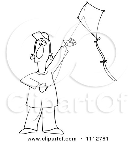 Clipart Outlined Guy Flying A Kite - Royalty Free Vector Illustration by djart